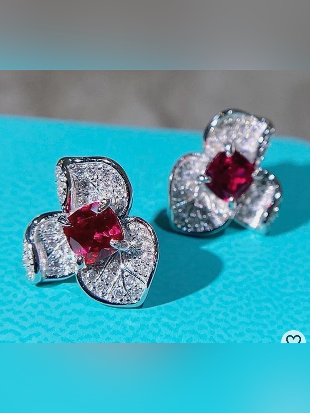 Elegant Ruby Red Heart Floral Stud Earrings - Sparkling Silver Tone